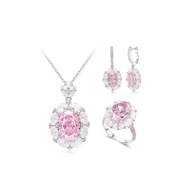 Oval Pink Diamond Halo Jewelry Set (Necklace + Earrings + Ring)