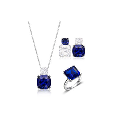Cushion Sapphire & Diamond Jewelry Set (Necklace + Earrings + Ring)