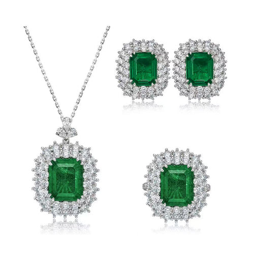 Cushion Emerald Diamond Halo Jewelry Set (Necklace + Earrings)