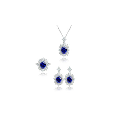 Oval Sapphire Halo Jewelry Set: Pendant Necklace + Earrings + Ring
