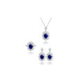 Oval Sapphire Halo Jewelry Set: Pendant Necklace + Earrings + Ring
