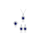 Oval Sapphire Halo Jewelry Set: Pendant Necklace + Earrings + Ring