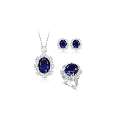 Oval Sapphire Halo Jewelry Set: Pendant Necklace + Earrings + Ring